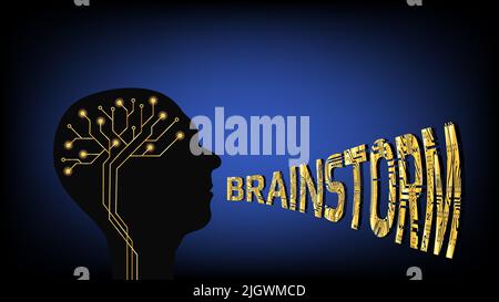 Silhouette of human head with golden digital brain and word brainstorm from the mouth on dark blue background. Concept of finding new solutions and an Stock Vector