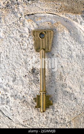 On a yellow surface, an open lock with the image of the flag of ...
