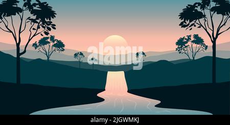 beautiful jungle landscape waterfall river and mountain view at sunset Stock Vector