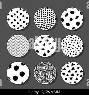 Set of round abstract monochrome backgrounds or patterns. Drawn doodle shapes. Spots, triangles, curves, lines. Modern fashion vector illustration. Stock Vector