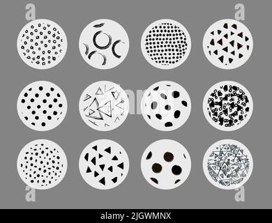 Set of round geometric black and white abstract backgrounds or patterns. Drawn doodle shapes. Spots, triangles, curves, lines. Modern fashion vector Stock Vector
