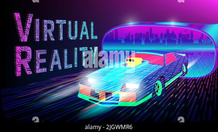 Futuristic car move out from virtual glasses with cityscape inside and Virtual Reality inscription perforated with PCB tracks on purple background. Il Stock Vector