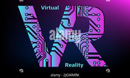 Colorful letters VR abbreviation for Virtual Reality perforated with PCB circuit board tracks on dark magenta background. Concept for logo, banners or Stock Vector