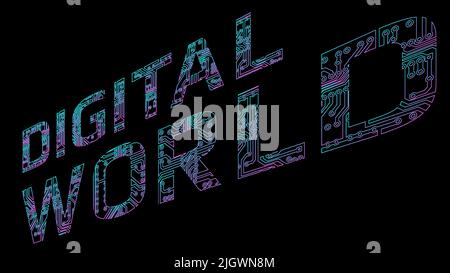 Colorful inscription Digital World outline in perspective isolated on black background. Contour design element in purple and cyan colors. Vector illus Stock Vector