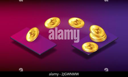 Two smartphones isometric and flying bitcoins from one to the other on purple background. The concept of transferring BTC through the phone p2p. Vecto Stock Vector