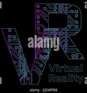 Colorful contours of letters VR abbreviation for Virtual Reality perforated with PCB circuit board tracks isolated on black. For banners or advertisin Stock Vector