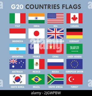 G20 Countries Flag Collection Set India Russia China France Germany Italy USA Canada Indonesia Japan United Kingdom Argentina Saudi Arabia Australia Stock Vector