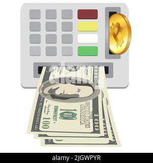 ATM panel with keypad and slots for depositing BTC Bitcoin and receiving cash in paper dollars USD. Concept of exchanging Bitcoin coins for cash Dolla Stock Vector