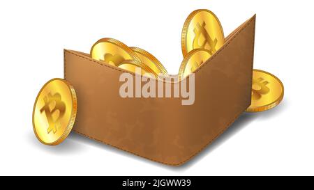 Isometric leather wallet full of Bitcoin BTC golden coins isolated on white. Vector illustration. Stock Vector