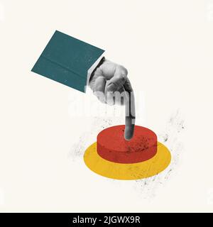 Contemporary art collage. Conceptual image with male hand pressing red button isolated over grey background. Project launching Stock Photo