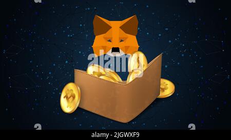 Cryptocurrency wallet with Bitcoin coins and MetaMask logo on polygonal wireframe dark background. Crypto wallet for Defi, Web3 Dapps and NFTs. Vector Stock Vector