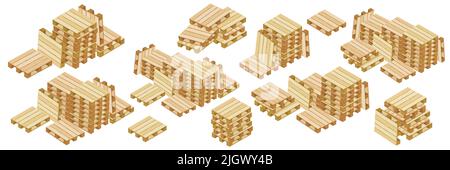 Big set of isometric warehouse pallets for packaging and transportation isolated on white background. Pallets in stacks and many lying and stand leani Stock Vector
