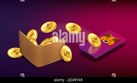 Cryptocurrency wallet with Bitcoin coins which fly to isometric cellphone with MetaMask logo on purple background. Crypto wallet for Defi, Web3 Dapps Stock Vector