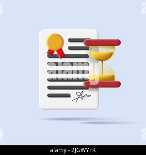 3d icon of a document like contract with signature with 3d sand clock icon. Vector illustration Stock Vector