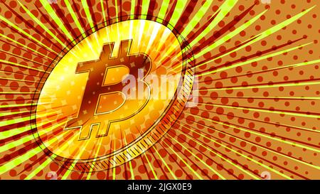Golden coin Bitcoin BTC styled for the 80s retro with rays in orange color. BTC symbol of modern digital gold and money. Colorful header or banner. Ve Stock Vector