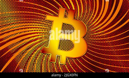 Bitcoin BTC coins in center with circular radial swirl twisted lines on red yellow background. BTC symbol of modern digital gold and money. Vector ill Stock Vector