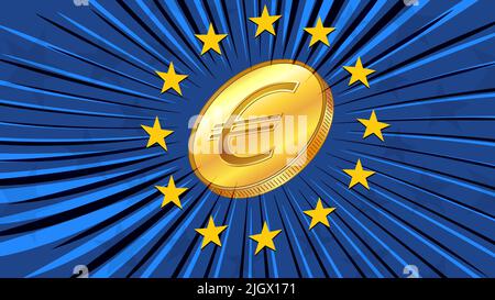 Golden coin with sign currency EUR and the blue flag of European Union with stars. CBDC concept. Introduction of digital currency by European Central Stock Vector