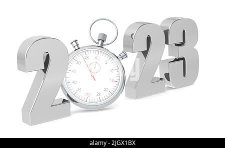 Year 2023 with stopwatch isolated, 3d rendering Stock Photo