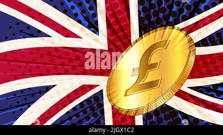 Great Britain pound gold coin with GBP currency sign and the colored flag of England on background. Currency by Central Bank of United Kingdom. Vector Stock Vector