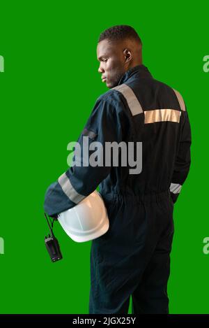Black seaman with radio and helmet Stock Photo