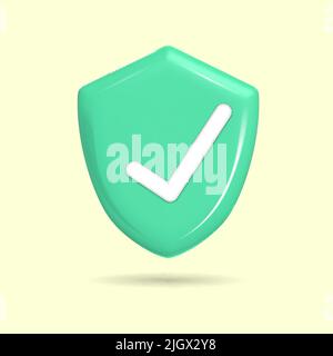 Protection shield icon. White checkmark on green shield symbol. Concept of safety, guaranteed protection. 3d shield icon with check. Creative concept Stock Vector