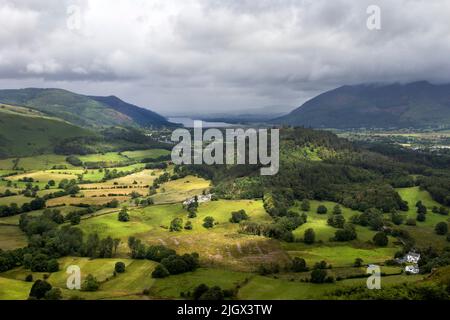 Sunlit Fields and the view towards Bassenthwaite Lake from the lower slopes of Cat Bells, Lake District, Cumbria, UK Stock Photo