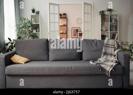 Horizontal image of comfortable big sofa standing in living room in apartment Stock Photo