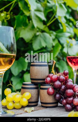 Winery concept. Miniature wine barrels, glasses with white and red wine and grape berries on the wooden table on background of vineyards. Wine tasting Stock Photo