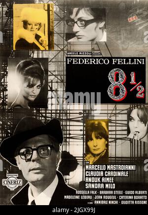 8½  FIlm Poster 1963 , surrealist comedy-drama film directed by Federico Fellini.Film title - Otto e mezzo (eight and a half) Stock Photo