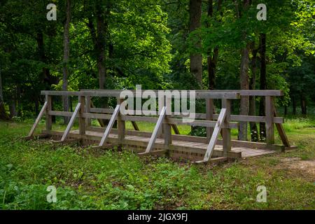 wooden bridge in the park on a tourist path with green leaves of trees in summer that leads over the river channel. Stock Photo