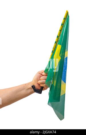 Holding Brazil flag isolated on white Stock Photo