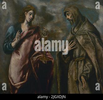 Workshop of El Greco. Saint John the Evangelist and Saint Francis of Assisi. Oil on canvas, ca. 1600. Detail. Copy of the original housed in the Galleria degli Uffizi in Florence. On loan from Museo del Prado (Madrid). El Greco Museum. Toledo, Spain. Stock Photo