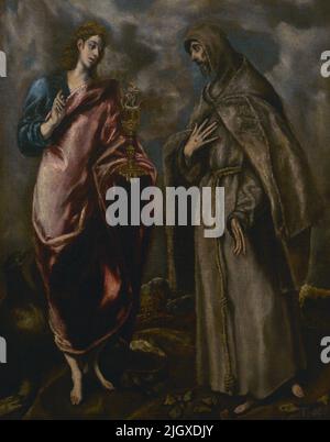 Workshop of El Greco. Saint John the Evangelist and Saint Francis of Assisi. Oil on canvas, ca. 1600. Copy of the original housed in the Galleria degli Uffizi in Florence. On loan from Museo del Prado (Madrid). El Greco Museum. Toledo, Spain. Stock Photo