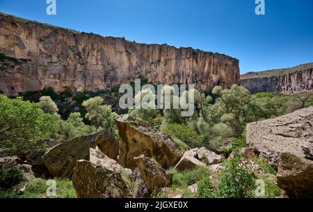 landscape of Ihlara valley or Peristrema Valley, Ihlara, Aksaray Province, Guzelyurt, Cappadocia, Anatolia, Turkey Stock Photo