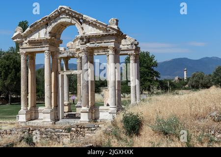 GEYRE, TURKEY - MAY 30, 2021: These are the ruins of the Monumental Arch (Tetrapilon) in ancient Aphrodisias. Stock Photo