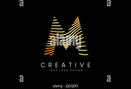 Warp Zebra Lines Letter M logo Design with Golden Lines and Creative Icon Vector. Relief Lines Letter Logo Illustration. Stock Vector