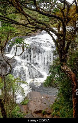 Baker Falls is a famous waterfall in Sri Lanka. It is located in the Horton Plains National Park, on a tributary of the Belihul Oya. Stock Photo