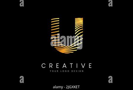 Warp Zebra Lines Letter U logo Design with Golden Lines and Creative Icon Vector. Relief Lines Letter Logo Illustration. Stock Vector