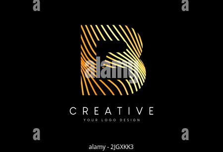 Warp Zebra Lines Letter B logo Design with Golden Lines and Creative Icon Vector. Relief Lines Letter Logo Illustration. Stock Vector