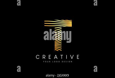 Warp Zebra Lines Letter T logo Design with Golden Lines and Creative Icon Vector. Relief Lines Letter Logo Illustration. Stock Vector