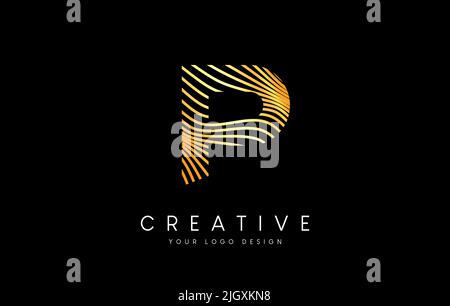 Warp Zebra Lines Letter P logo Design with Golden Lines and Creative Icon Vector. Relief Lines Letter Logo Illustration. Stock Vector