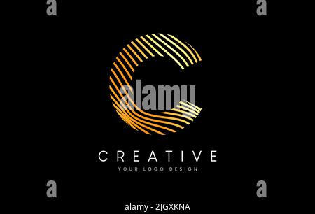 Warp Zebra Lines Letter C logo Design with Golden Lines and Creative Icon Vector. Relief Lines Letter Logo Illustration. Stock Vector