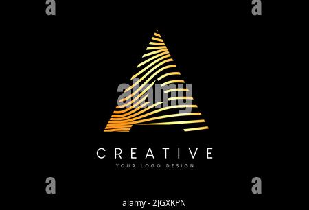 Warp Zebra Lines Letter A logo Design with Golden Lines and Creative Icon Vector. Relief Lines Letter Logo Illustration. Stock Vector