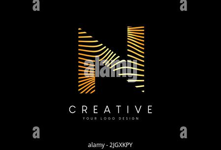 Warp Zebra Lines Letter N logo Design with Golden Lines and Creative Icon Vector. Relief Lines Letter Logo Illustration. Stock Vector