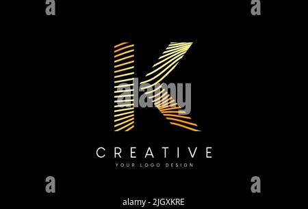 Warp Zebra Lines Letter K logo Design with Golden Lines and Creative Icon Vector. Relief Lines Letter Logo Illustration. Stock Vector