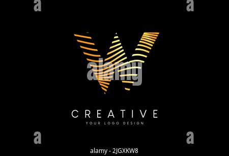 Warp Zebra Lines Letter W logo Design with Golden Lines and Creative Icon Vector. Relief Lines Letter Logo Illustration. Stock Vector