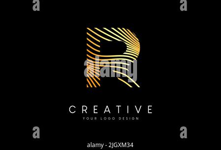 Warp Zebra Lines Letter R logo Design with Golden Lines and Creative Icon Vector. Relief Lines Letter Logo Illustration. Stock Vector