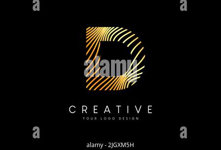 Warp Zebra Lines Letter D logo Design with Golden Lines and Creative Icon Vector. Relief Lines Letter Logo Illustration. Stock Vector