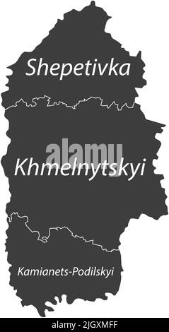 Dark gray tagged map of raions of the KHMELNYTSKYI OBLAST, UKRAINE Stock Vector
