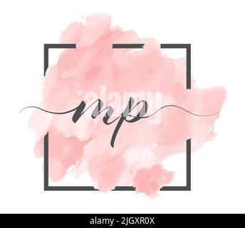 Calligraphic lowercase letters M and P are written in a solid line on a colored background in a frame Stock Vector